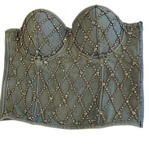 Strapless Rhinestone Embellished Denim Corset Top W/side Zipper